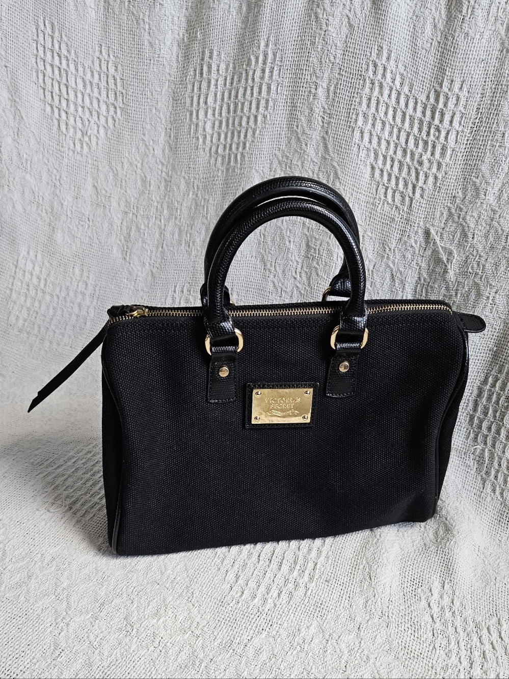 Victoria's Secret Black Canvas Satchel with Gold Hardware